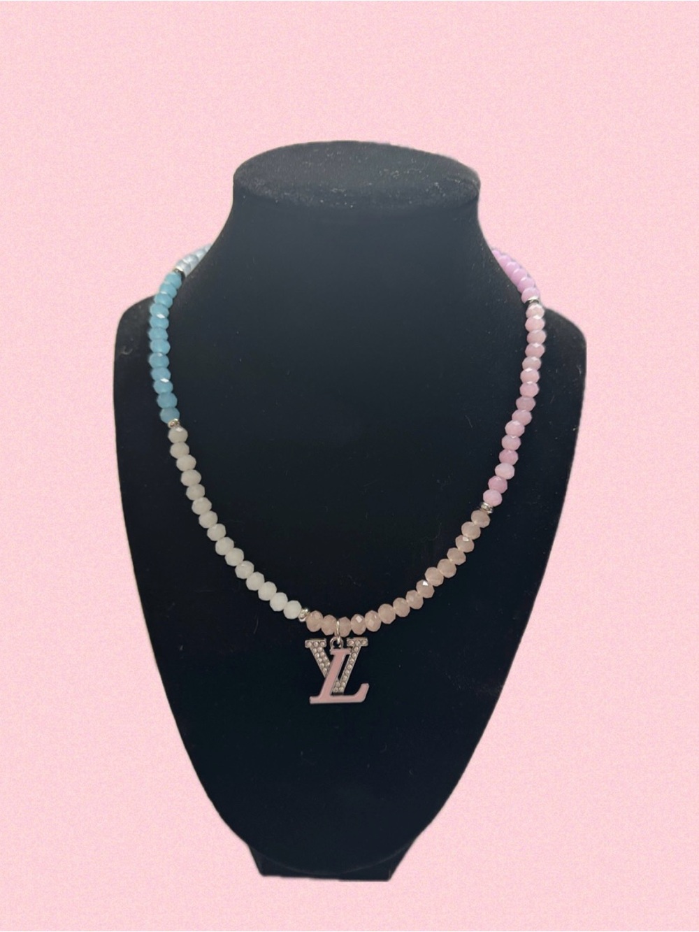 Mono Pastel Pink and Blue Beaded Necklace with Iconic Mono Pendant
